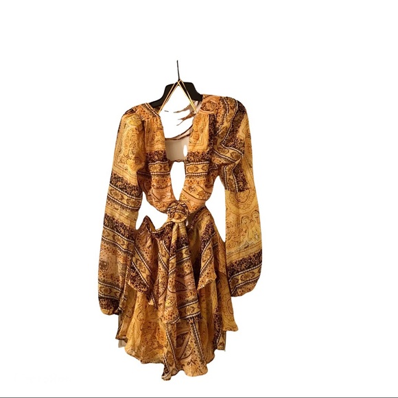 Yellow paisley print long sleeve open back side cutout mini dress Small NWT - Picture 6 of 10